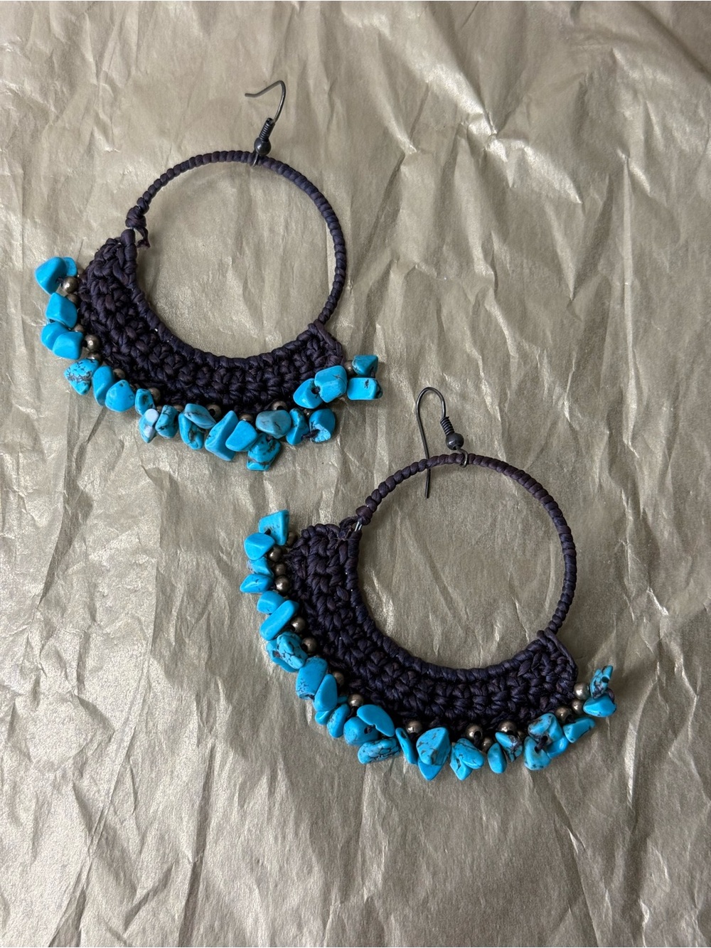 Handcrafted Black Hoop Earrings with Turquoise Bead Fringe